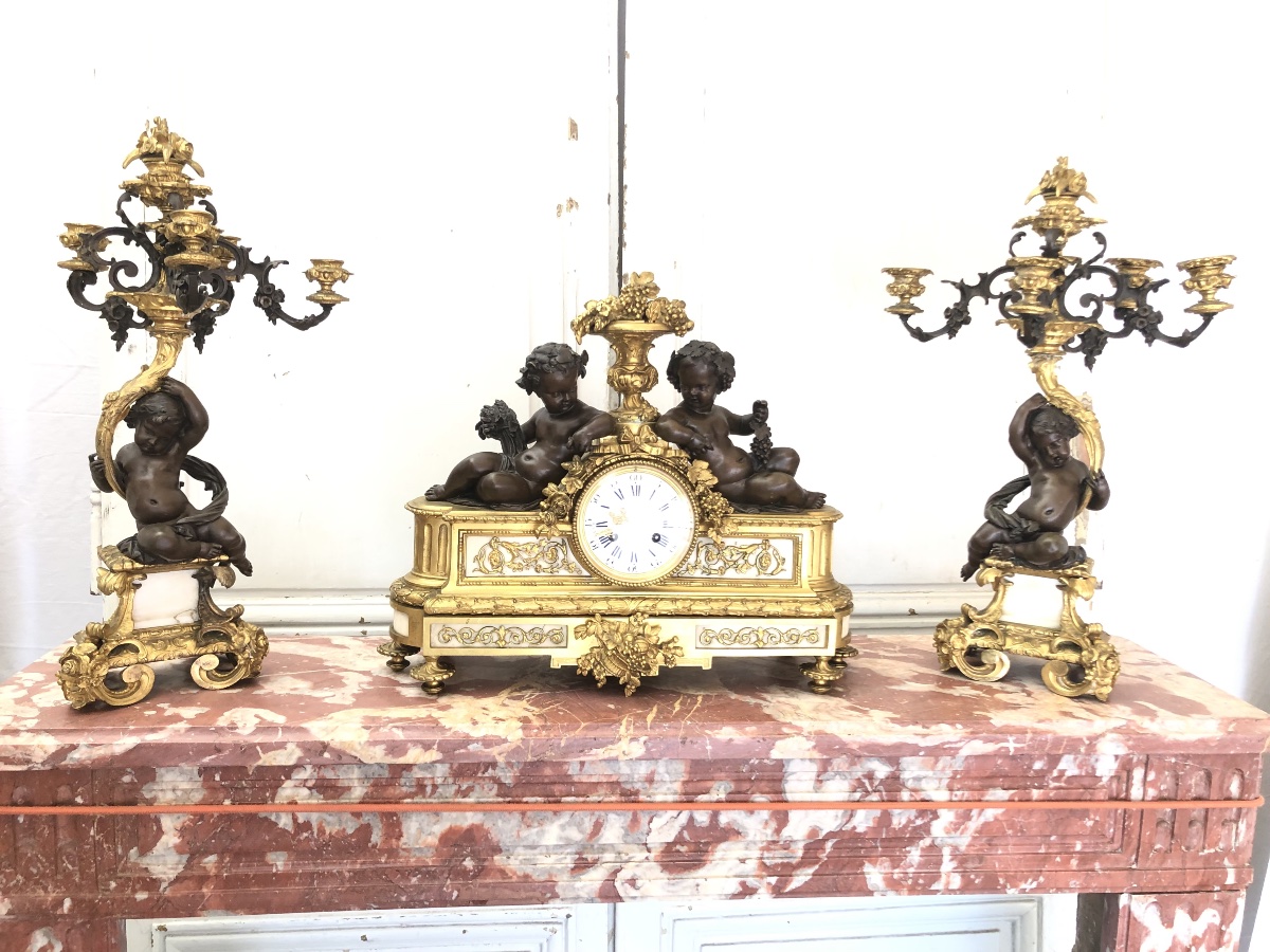 Garniture de cheminée  pendule et candélabres bronze doré -photo-1