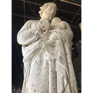 Stone Sculpture Of Saint Joseph With The Child, Signed And Dated 1858 On The Base: Louis Coeffard 
