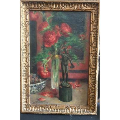 Oil On Canvas Still Life With Flowers And Bronze Of Woman By Léa Wahl-fontaine