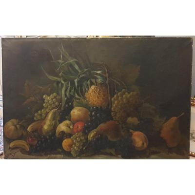 Large Oil On Canvas Still Life With Fruits.