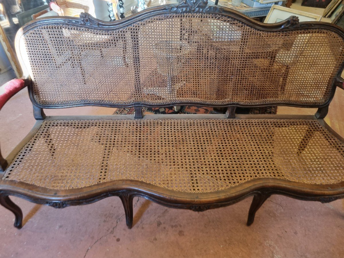 Louis XV Living Room In Wood And Caning Bench And Two Armchairs