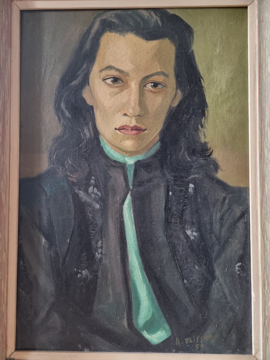 Oil Portrait Of Young Woman Signed Plisson Or Plissan 1950-photo-2