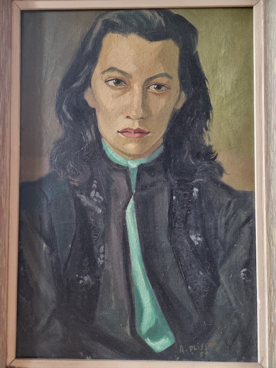 Huile Portrait De Jeune Femme Signé Plisson Ou Plissan 1950-photo-2