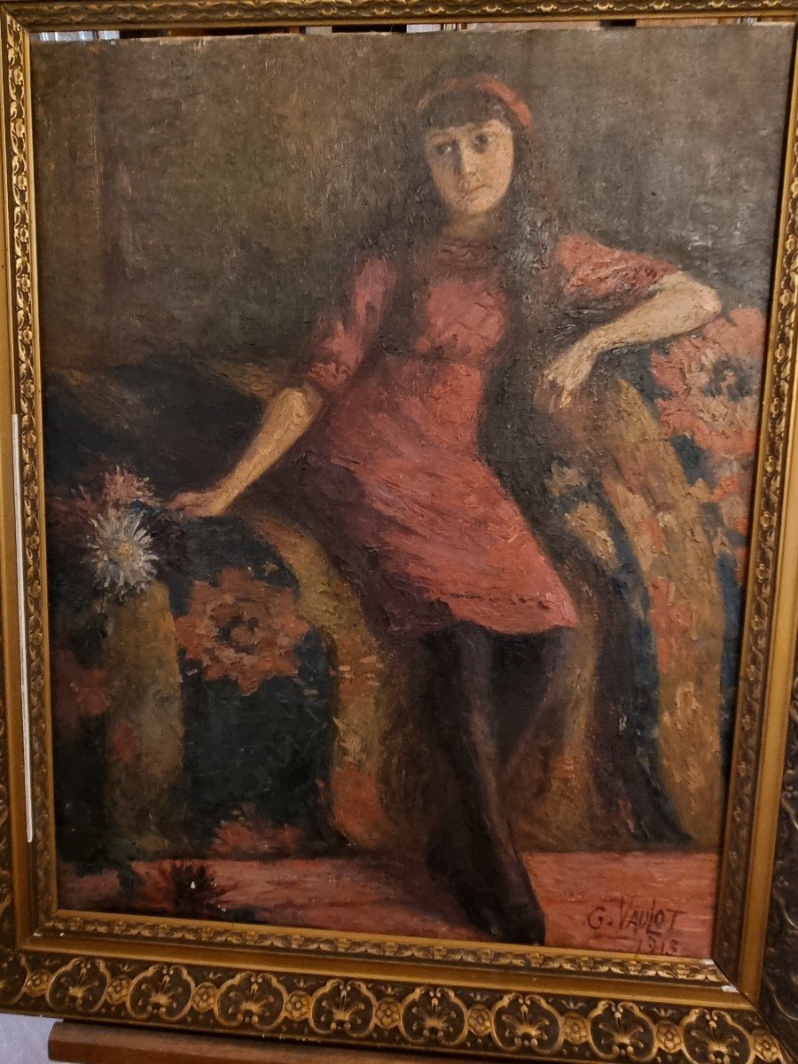 Huile Sur Toile  Jeune Fille Par  G Vaulot 1913-photo-1