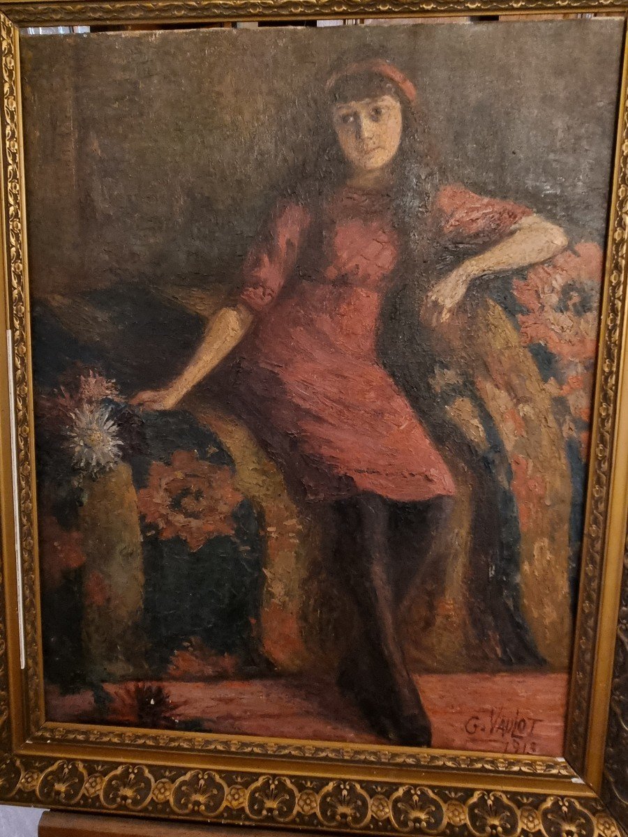 Huile Sur Toile  Jeune Fille Par  G Vaulot 1913-photo-2
