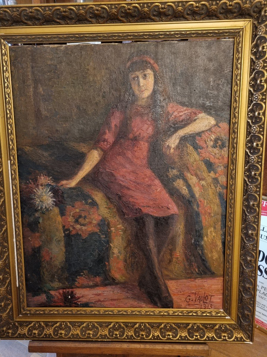 Oil On Canvas Young Girl By G Vaulot 1913-photo-8