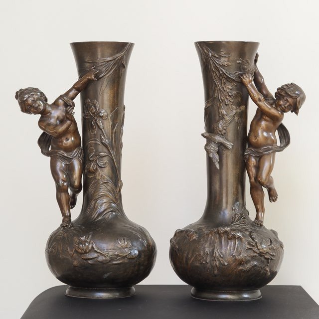 Pair Of Bronze Patinated Regule Vases By H. Moreau