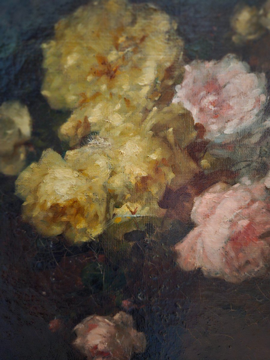 Oil On Canvas, Bouquet Of Roses. 19th -photo-3