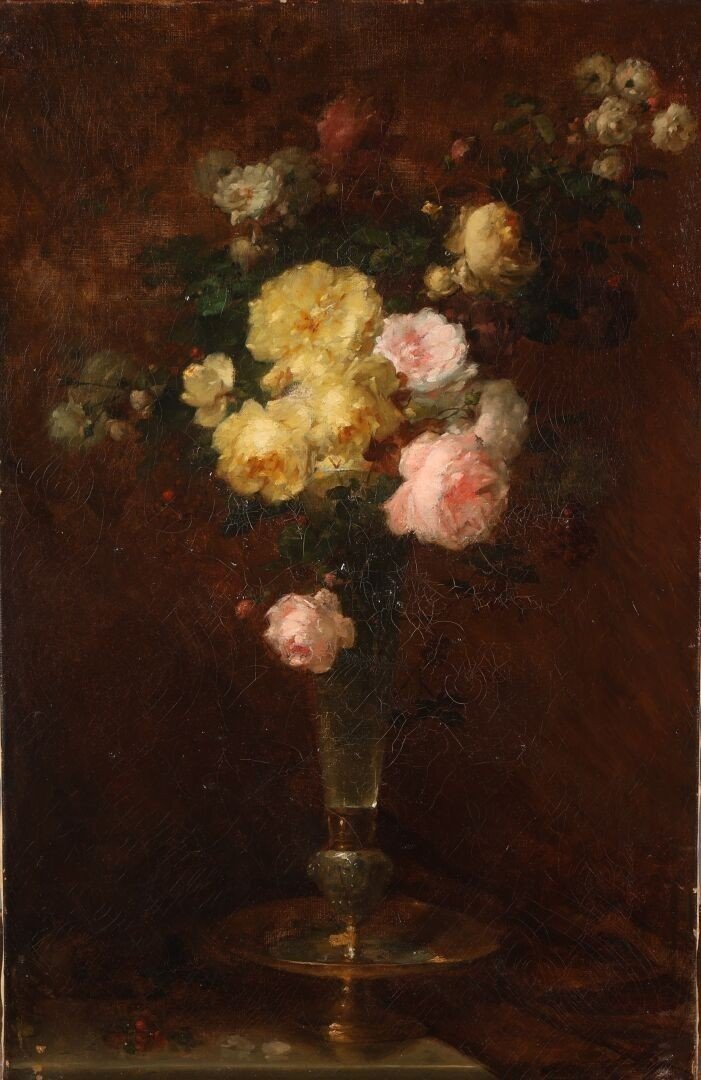 Oil On Canvas, Bouquet Of Roses. 19th 