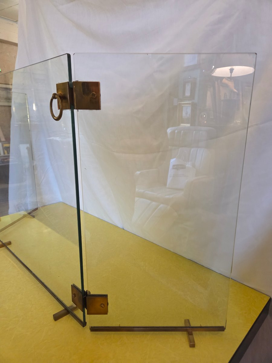 Pare-feu En Verre Et Bronze Modèle Attribué à Jacques Adnet-photo-4