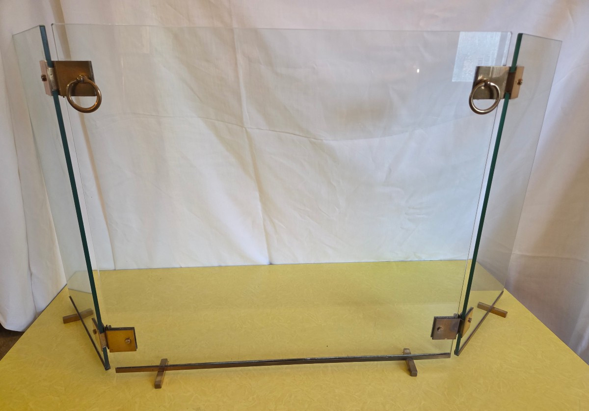 Pare-feu En Verre Et Bronze Modèle Attribué à Jacques Adnet