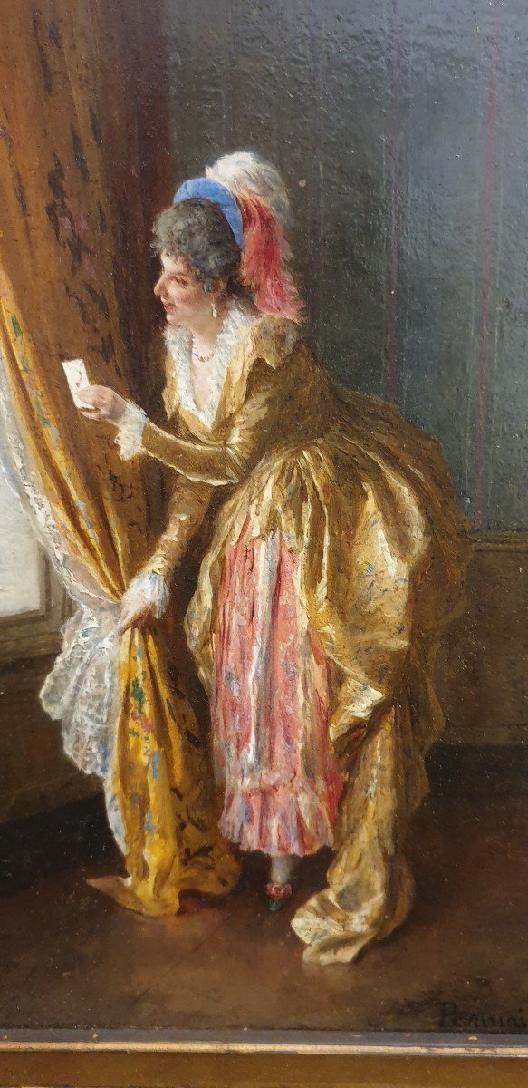 Huile Sur Bois, Femme à La Fenêtre Signé Parisini,  Fin 19ème.-photo-2
