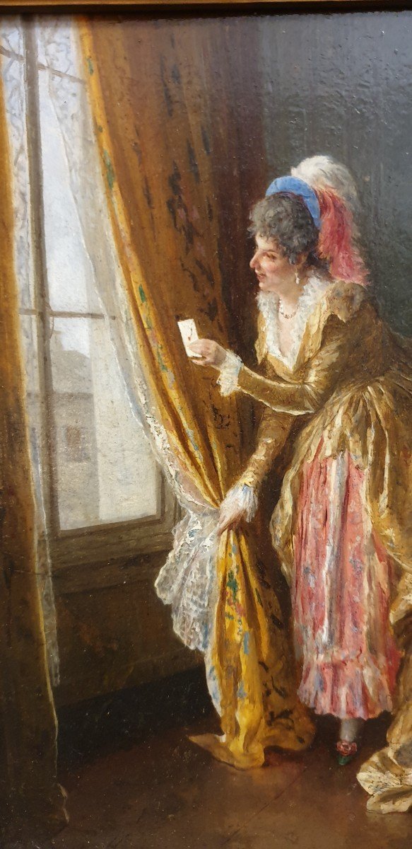 Huile Sur Bois, Femme à La Fenêtre Signé Parisini,  Fin 19ème.-photo-4