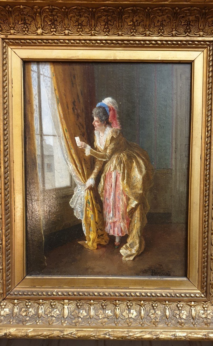 Huile Sur Bois, Femme à La Fenêtre Signé Parisini,  Fin 19ème.