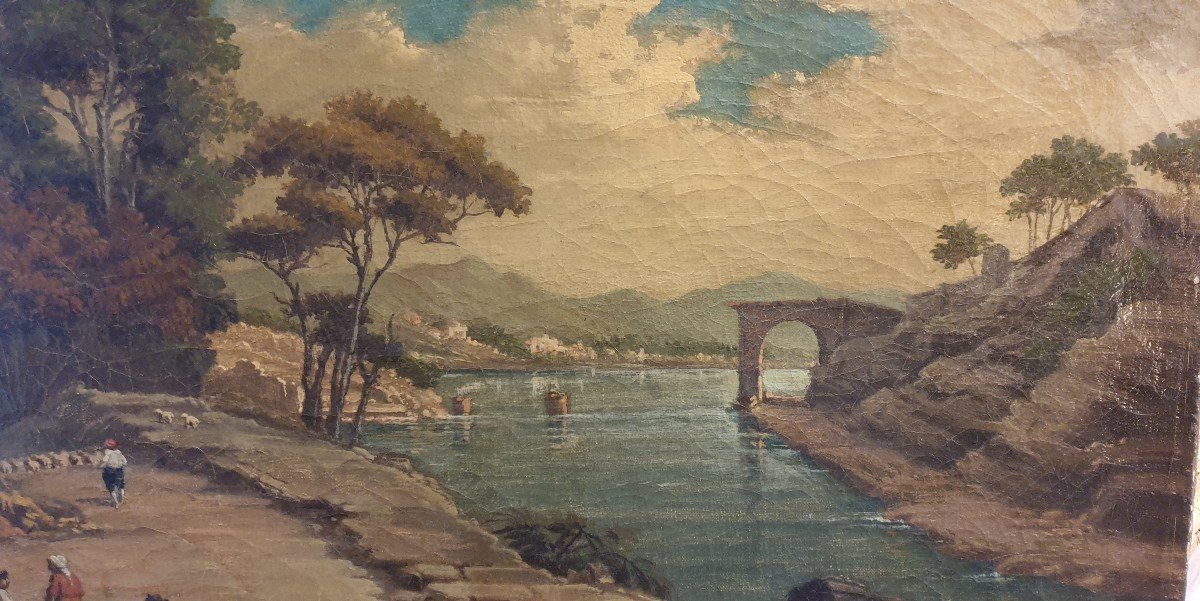 Oil On Canvas Late 18th Early 19th Riverside With Characters And Ruins.-photo-2