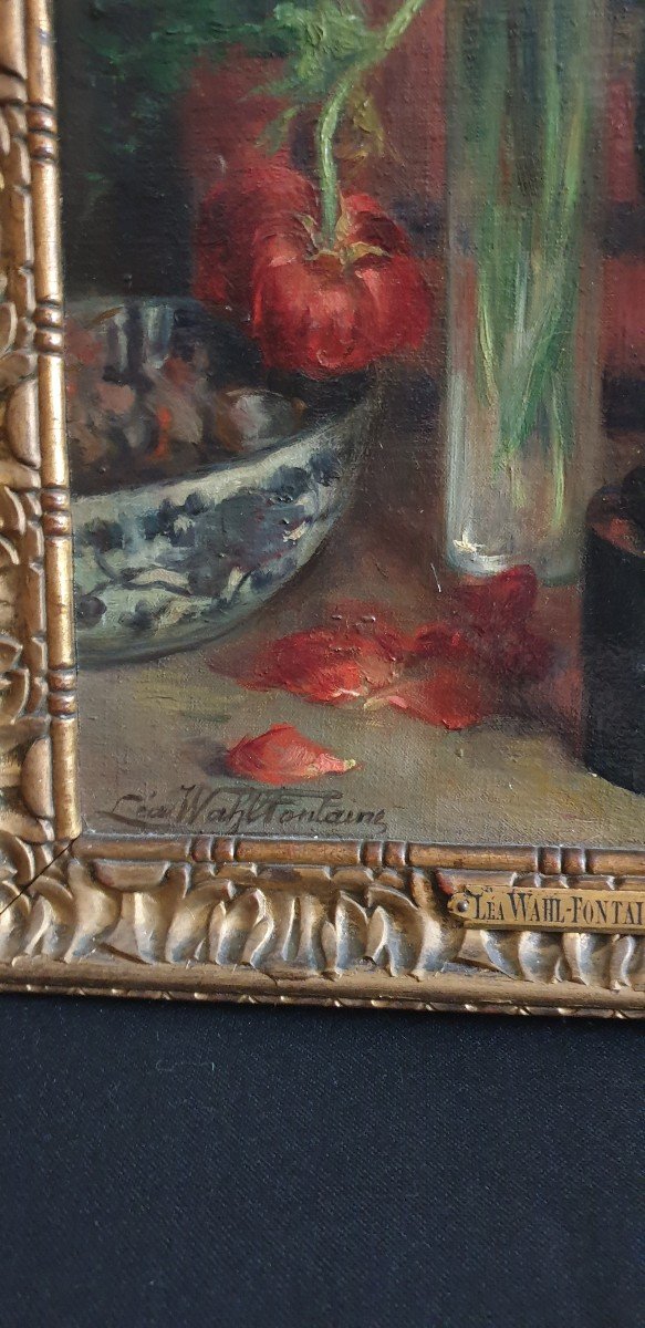 Huile Sur Toile Nature Morte Aux Fleurs Et Bronze De Femme Par Léa Wahl-fontaine-photo-3