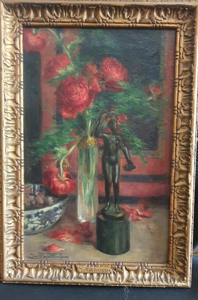 Huile Sur Toile Nature Morte Aux Fleurs Et Bronze De Femme Par Léa Wahl-fontaine
