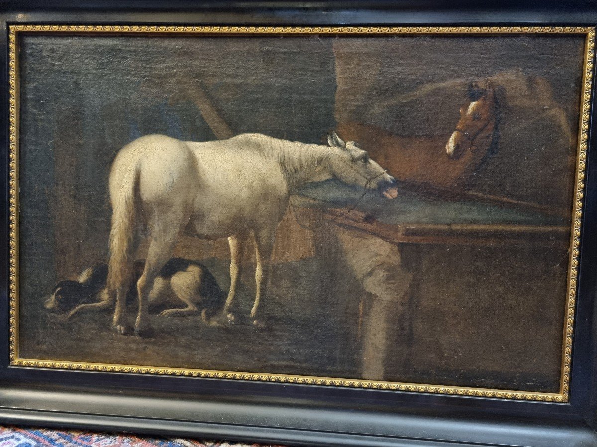 Huile Sur Toile Chevaux à l'Abreuvoir 19ème-photo-1