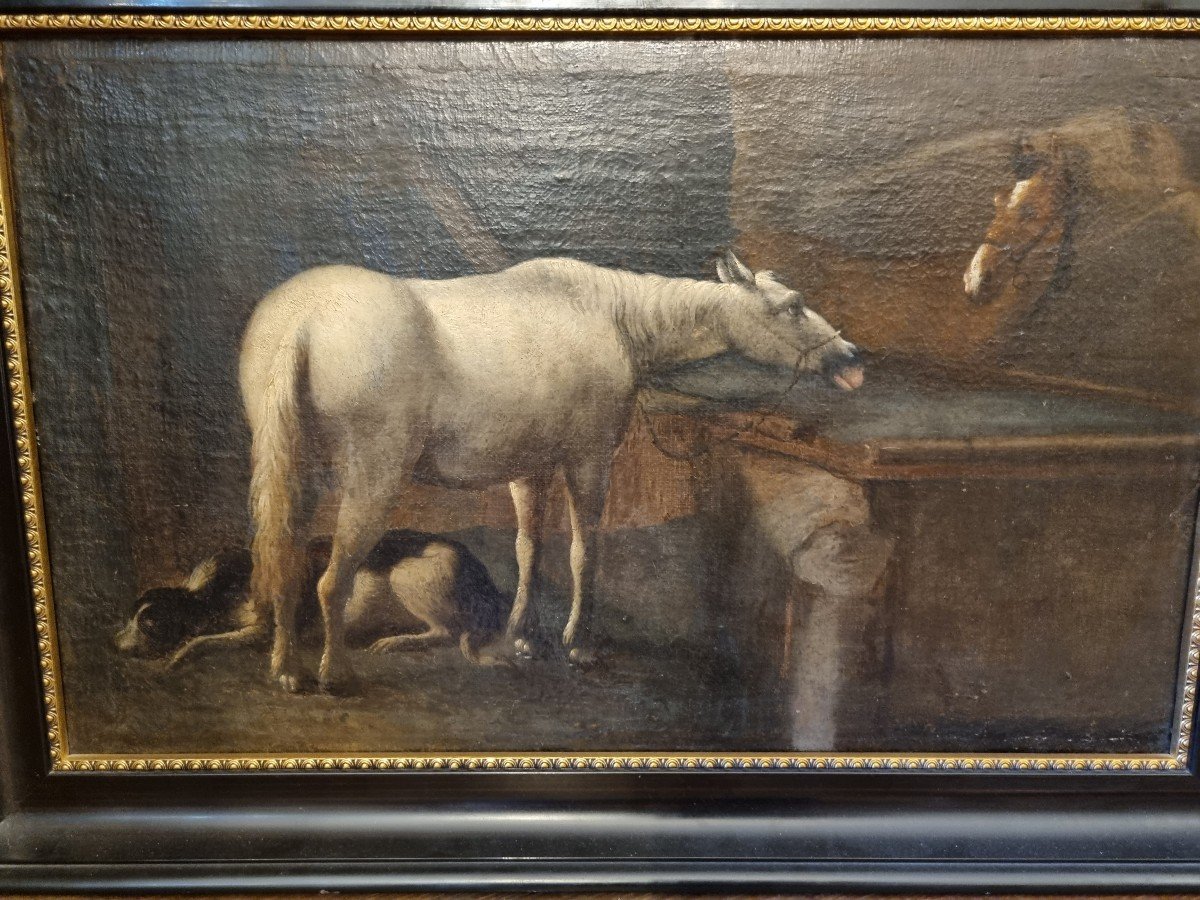 Huile Sur Toile Chevaux à l'Abreuvoir 19ème