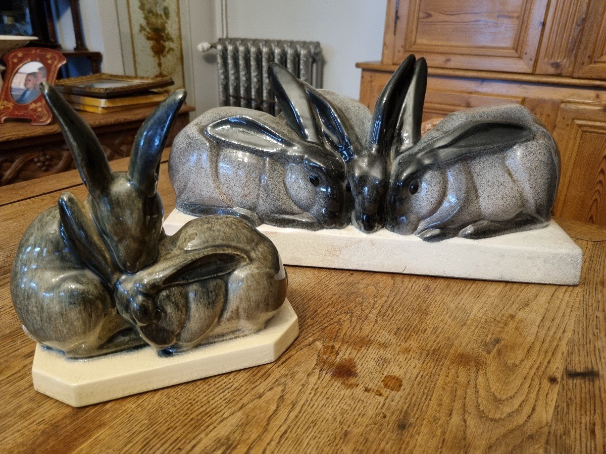 2 Beauvais Ceramic Sculptures, Group Of Rabbits-photo-1