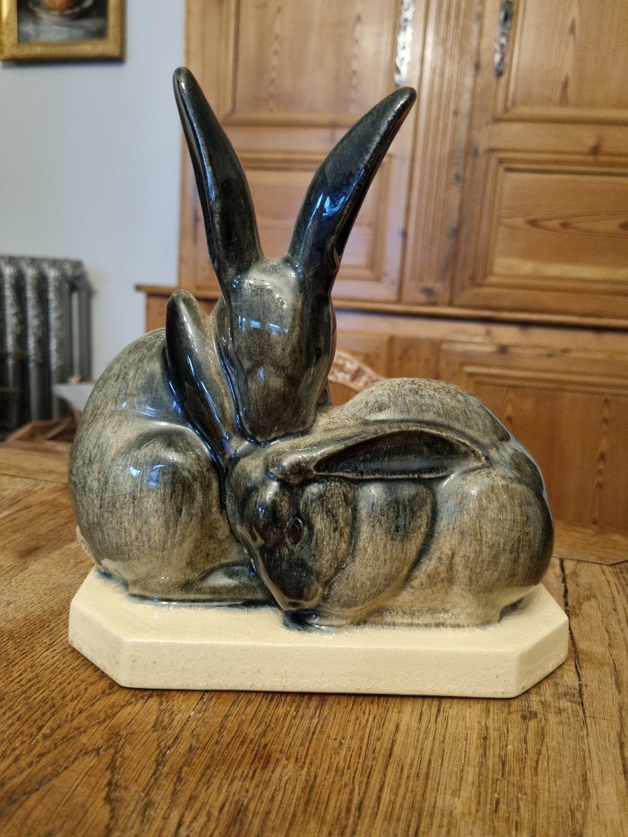 2 Beauvais Ceramic Sculptures, Group Of Rabbits-photo-4