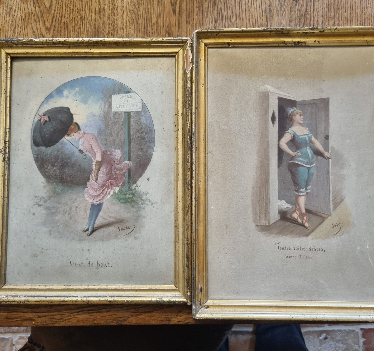 Pair Of Naughty And Humorous Art Nouveau Gouaches Signed Susie