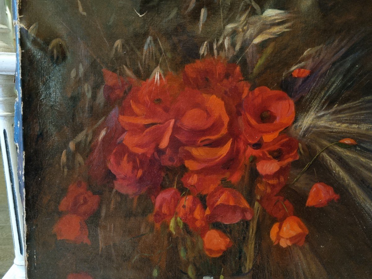 Oil On Canvas Bouquet Of Poppies And Wheat-photo-4