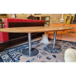 Conference Table In Varnished Wood, Marble And Chrome Legs