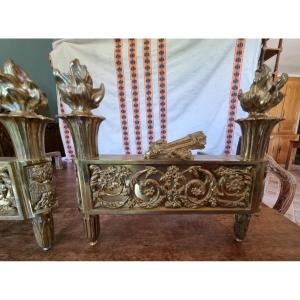 Pair Of Andirons Louis XVI In Bronze Signed Bouhon