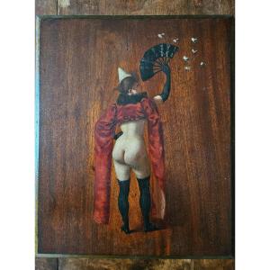 Oil On Panel Naked Woman Maison Close Cabaret