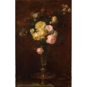 Huile Sur Toile, Bouquet De Roses. 19ème 