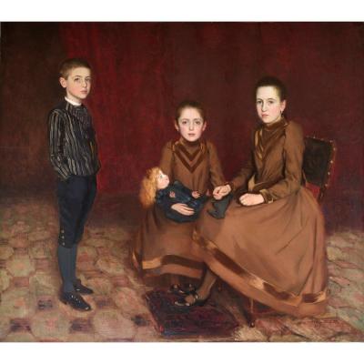 Grande Huile Sur Toile Portrait De Famille Par Marc Terence Muller