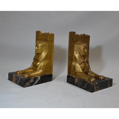 Pair Of Egyptomania Bookends In Bronze And Marble Signed Charles