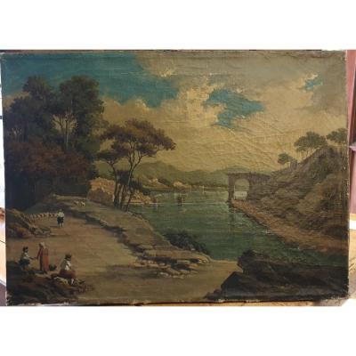 Oil On Canvas Late 18th Early 19th Riverside With Characters And Ruins.