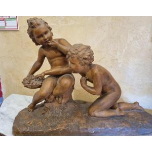 Terracotta Signed 2 Children Eating Cherries