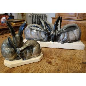 2 Beauvais Ceramic Sculptures, Group Of Rabbits