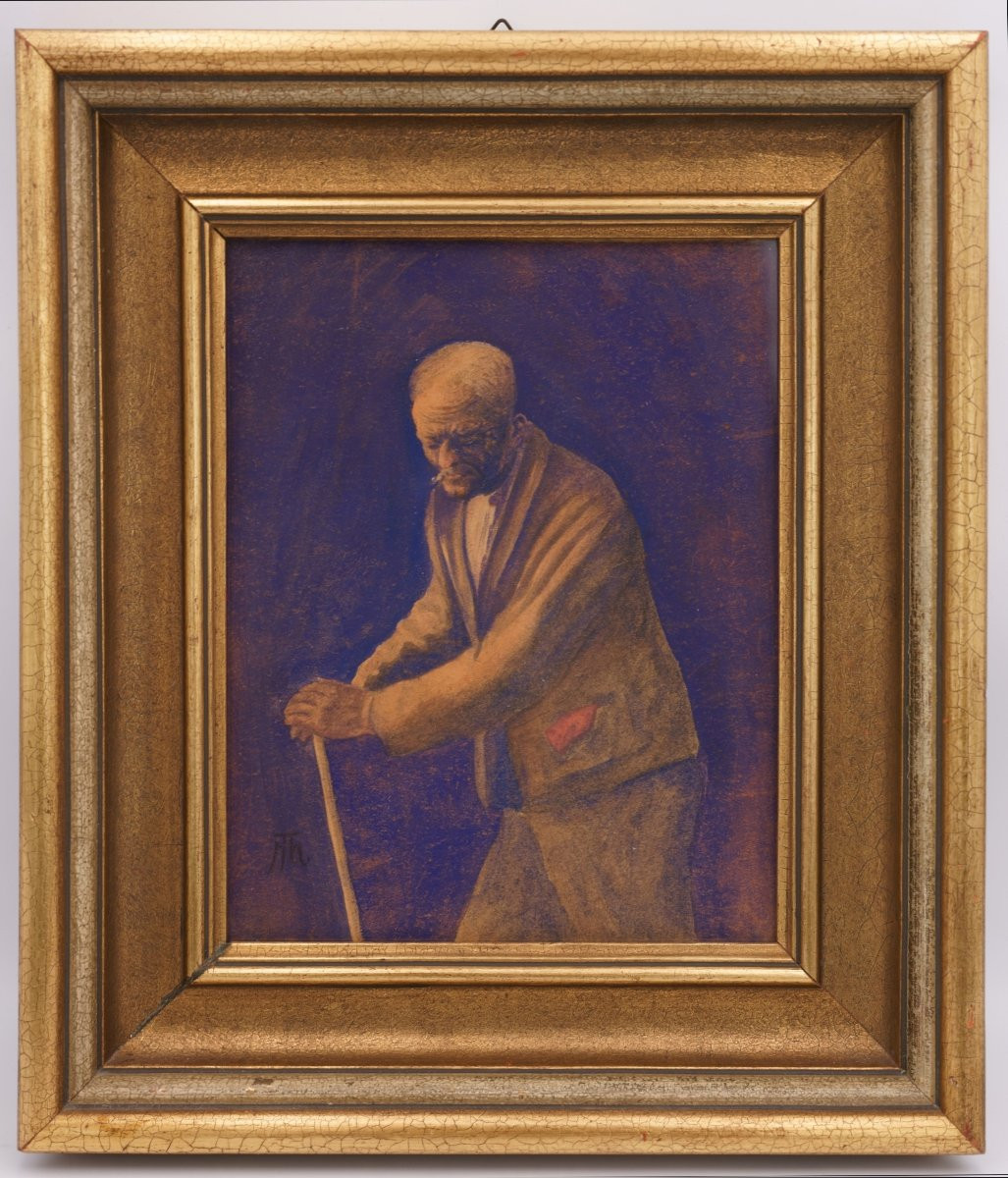Hans Thoma (1839-1924), Stooped Old Man With Walking Stick And Cigarette, Circa 1910-photo-3