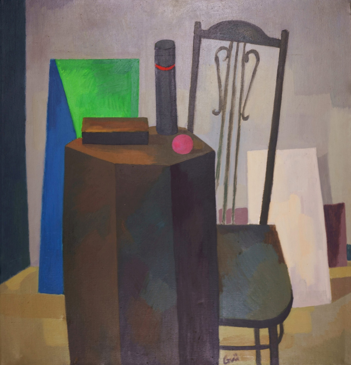 Ev Grüger (1928-2017), Intérieur avec chaise et figures géométriques, vers 1958
