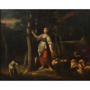 Shepherdess In An Undergrowth, Carving A Tree – Italian School