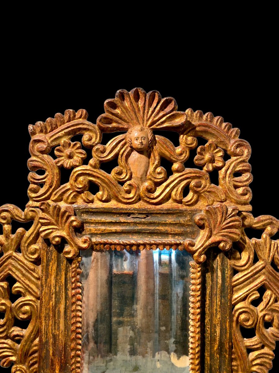 Paire de miroirs péruviens en bois sculpté, doré et polychrome, XVIIIe siècle-photo-2