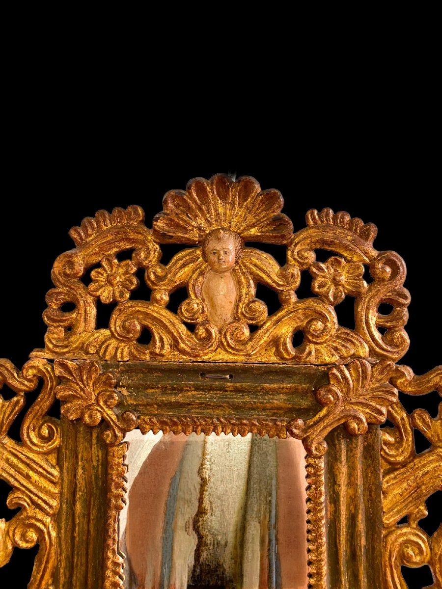 Paire de miroirs péruviens en bois sculpté, doré et polychrome, XVIIIe siècle-photo-3