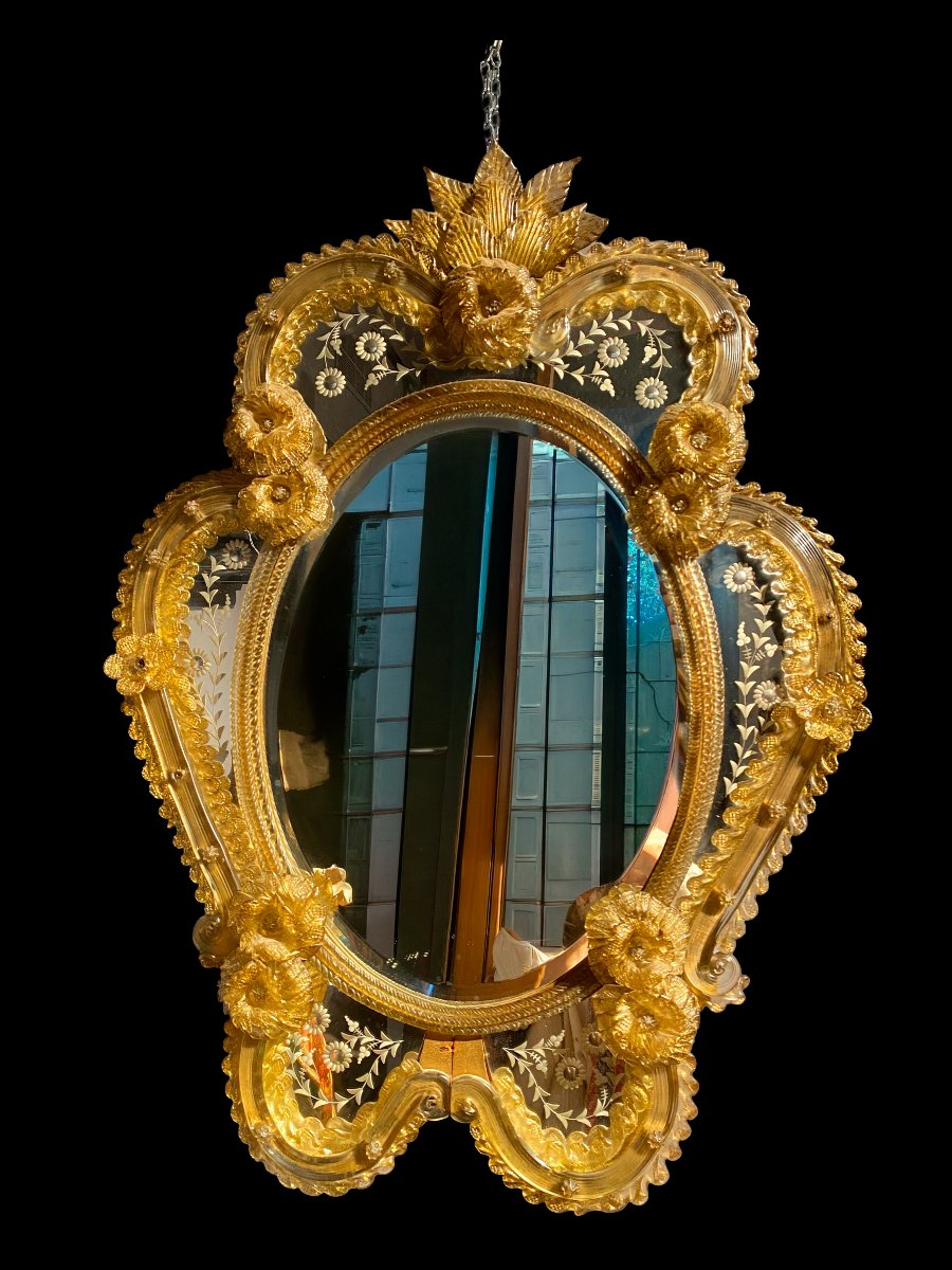 Mid-20th-century Venetian Mirror With Murano Glass And A Hand-blown Glass Frame