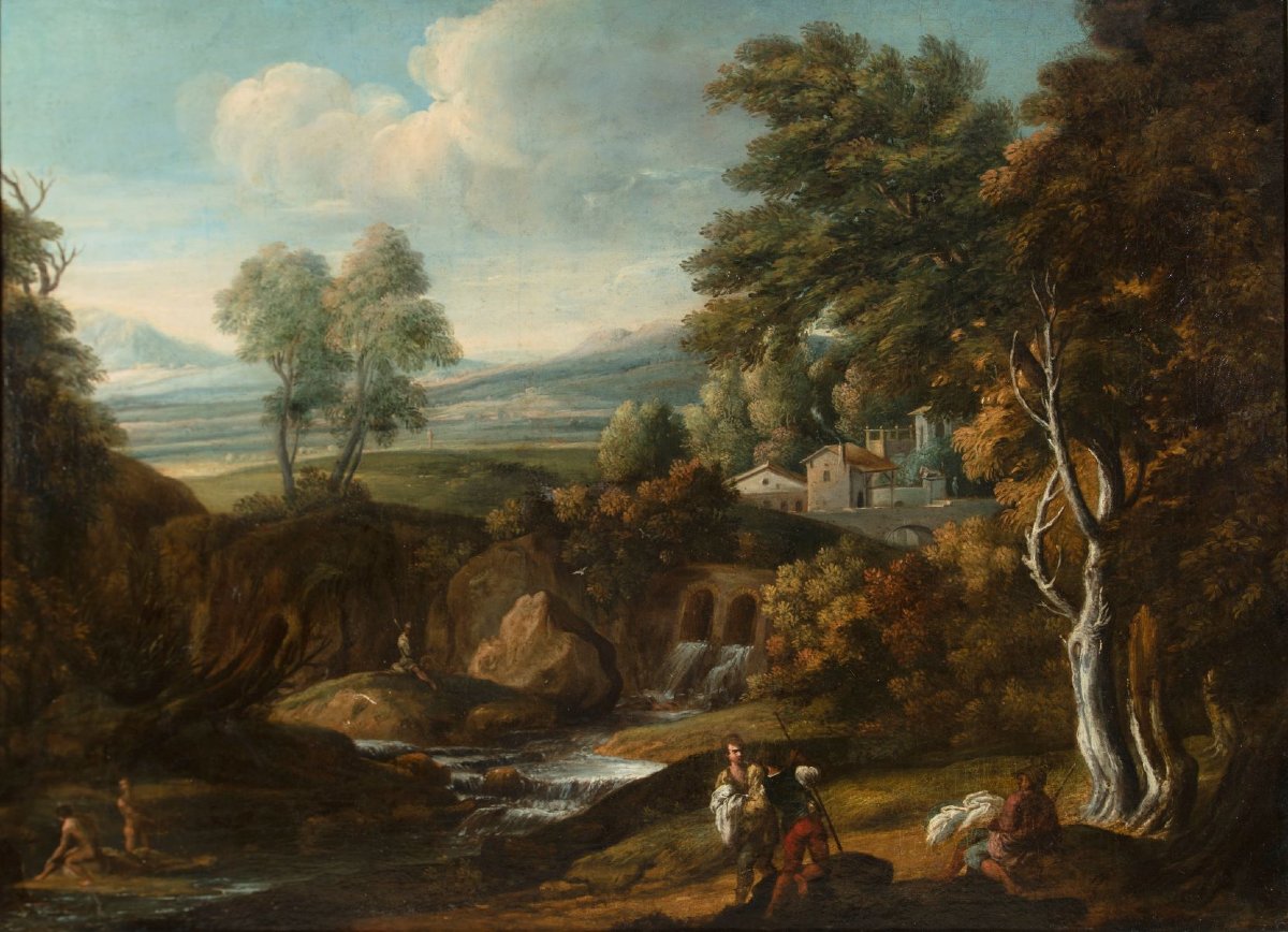 Landscape Of The Roman Countryside, Oil On Canvas, Attributed To Gaspard Dughet, 17th Century