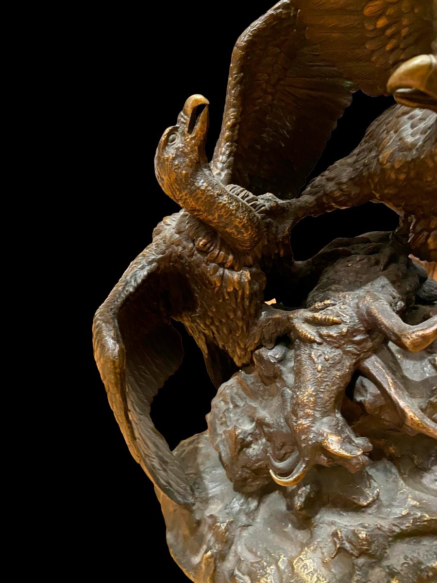 *eagles Devouring A Ram* Bronze Sculpture By Christophe Fratin, Dated 1838-photo-3