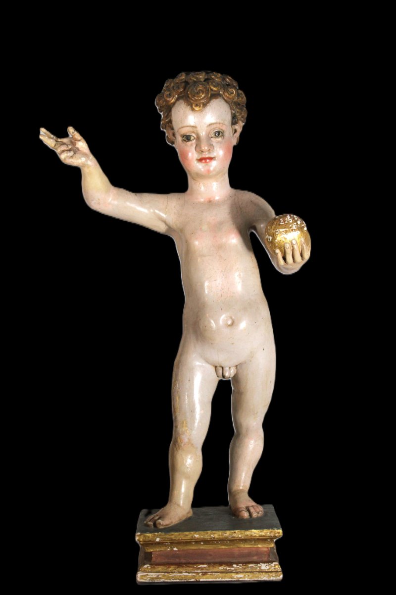 Enfant « Salvator Mundi », sculpture en bois sculpté, doré et polychrome, école castillane