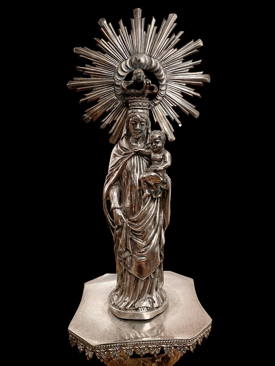 Silver-plated Virgin Of El Pilar, Hallmarked In Aladren (zaragoza), 19th Century-photo-2