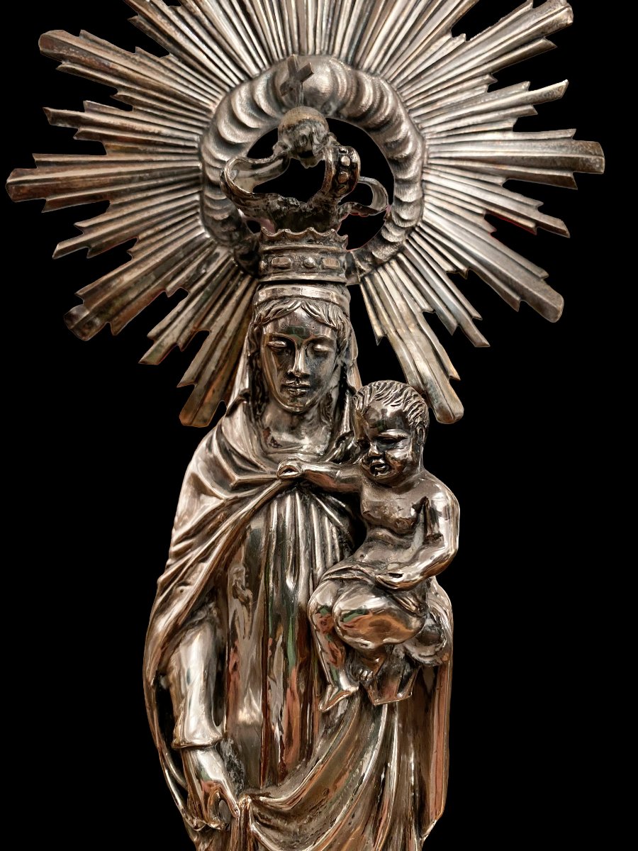 Silver-plated Virgin Of El Pilar, Hallmarked In Aladren (zaragoza), 19th Century-photo-3