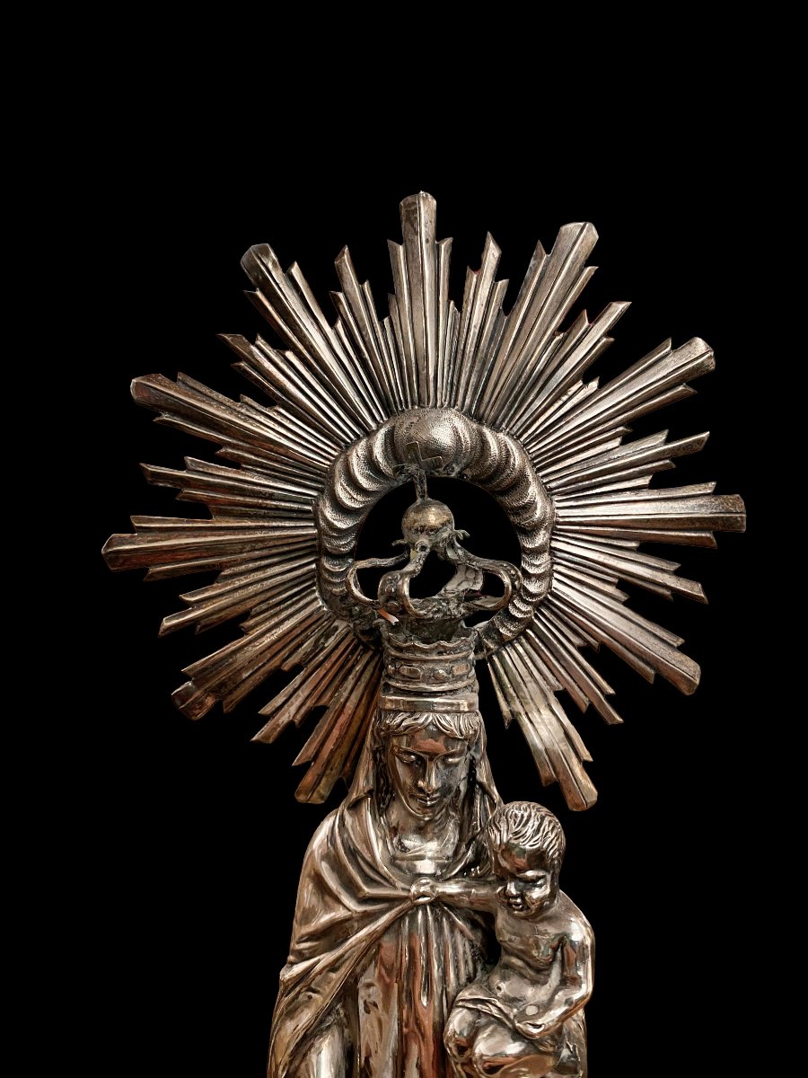 Silver-plated Virgin Of El Pilar, Hallmarked In Aladren (zaragoza), 19th Century-photo-1