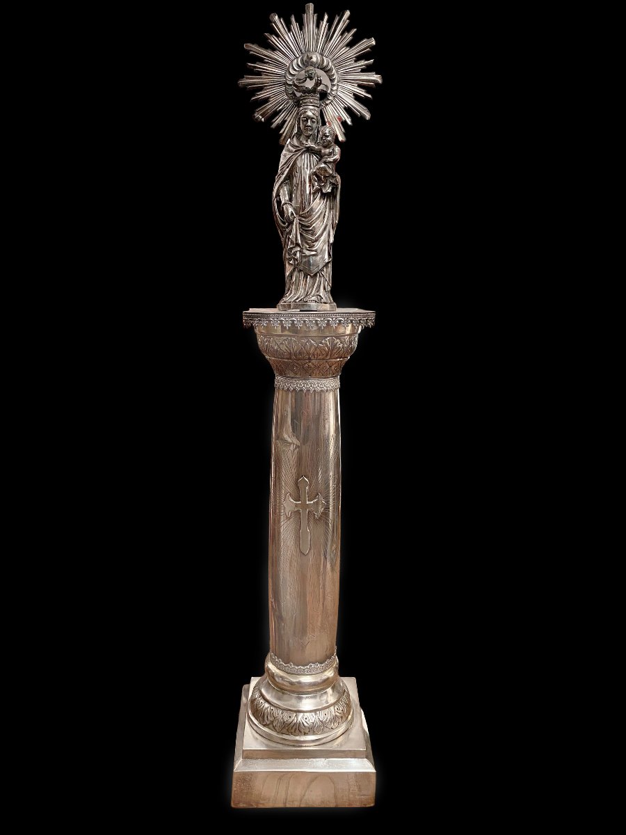 Silver-plated Virgin Of El Pilar, Hallmarked In Aladren (zaragoza), 19th Century