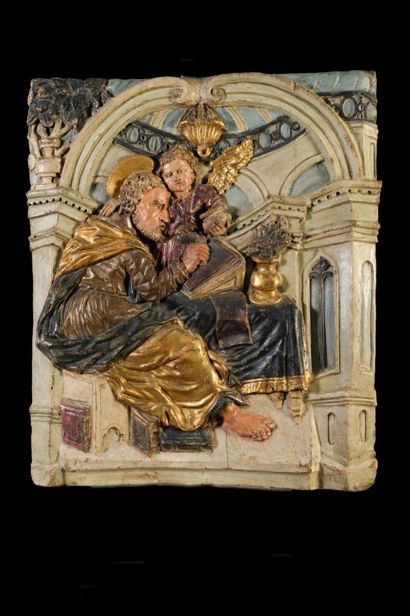 Paire de reliefs représentant saint Luc et saint Matthieu, en bois de peuplier, Italie-photo-3